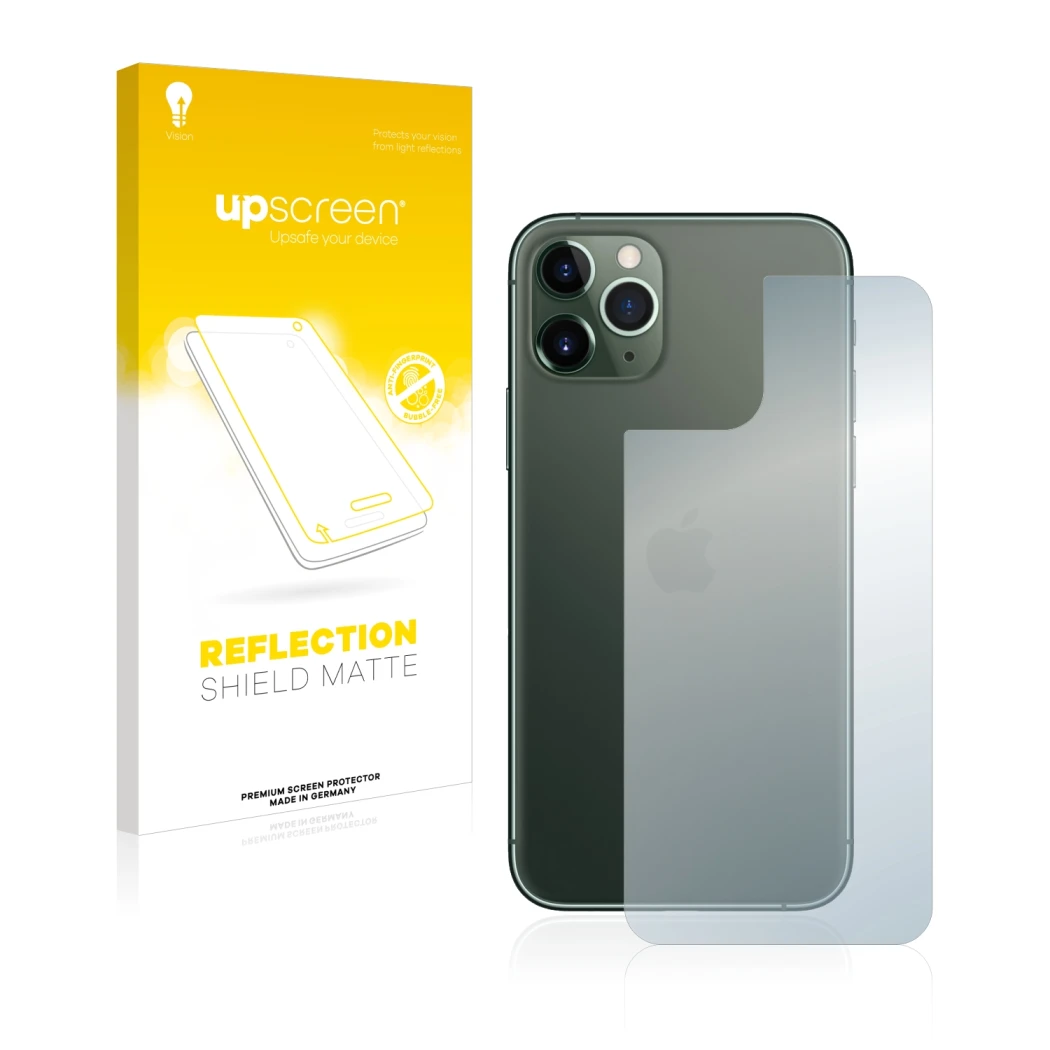 Parte frontal de un envase de producto con el logotipo de la marca upscreen. Al lado se muestra el dispositivo Apple iPhone 11
