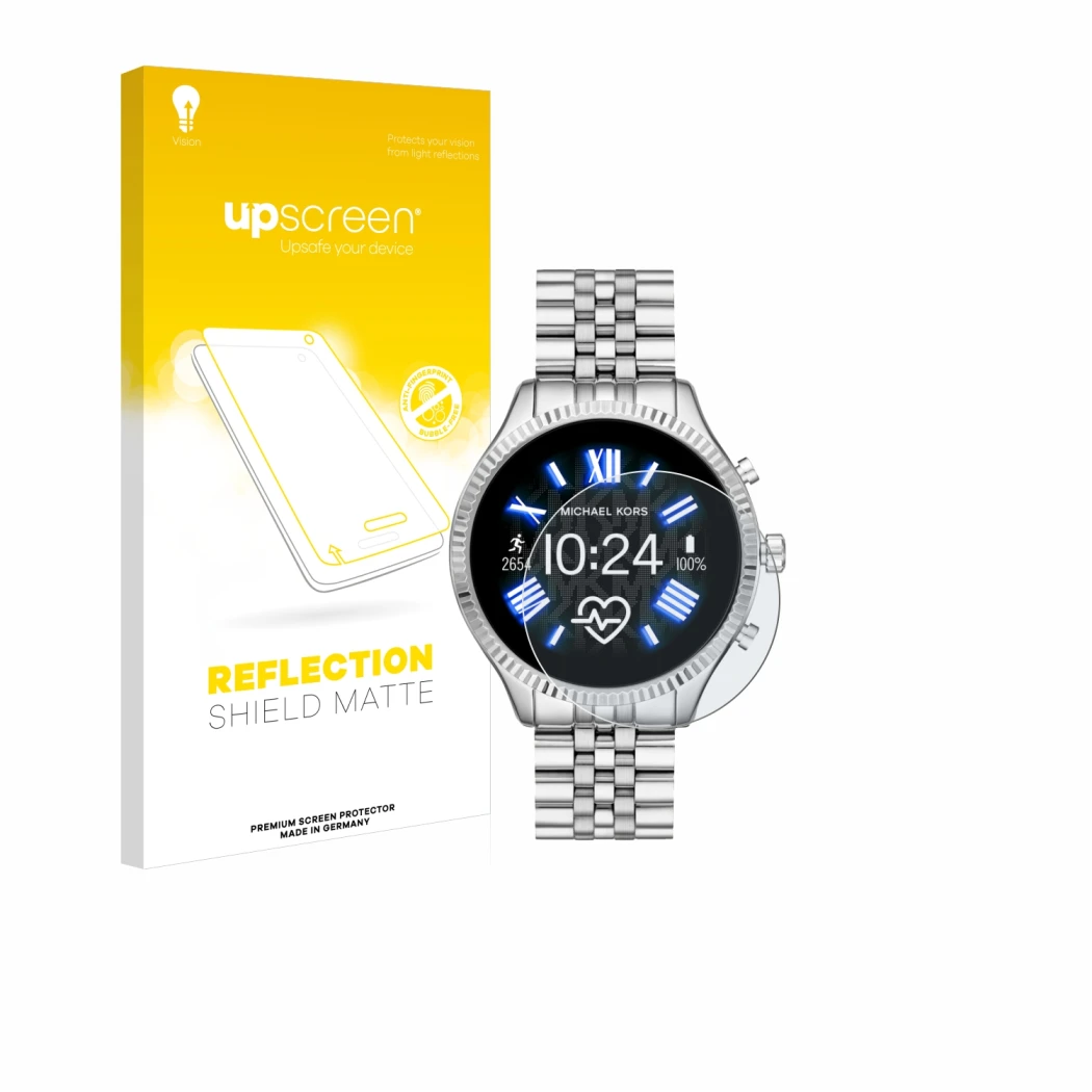 Parte frontal de un envase de producto con el logotipo de la marca upscreen. Al lado se muestra el dispositivo Michael Kors Ac