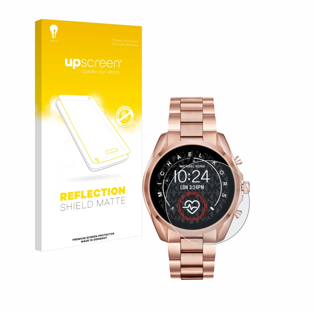 Parte frontal de un envase de producto con el logotipo de la marca upscreen. Al lado se muestra el dispositivo Michael Kors Ac