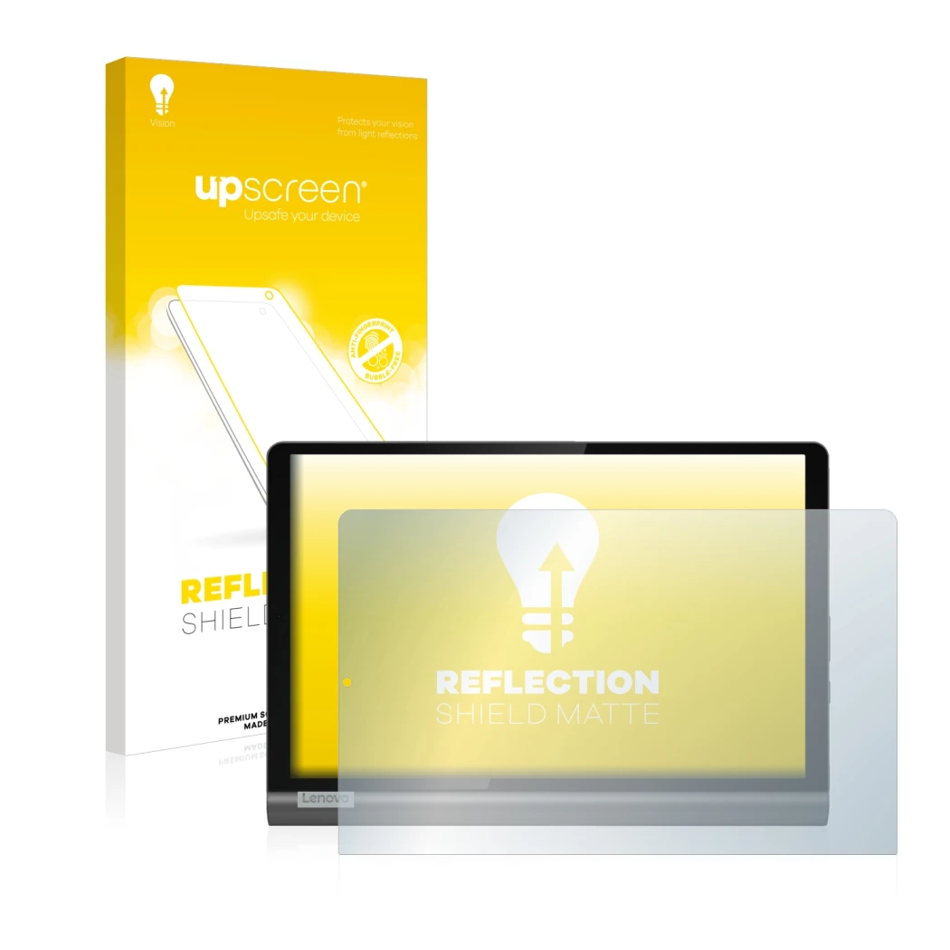 Parte frontal de un envase de producto con el logotipo de la marca upscreen. Al lado se muestra el dispositivo Lenovo Yoga Sma