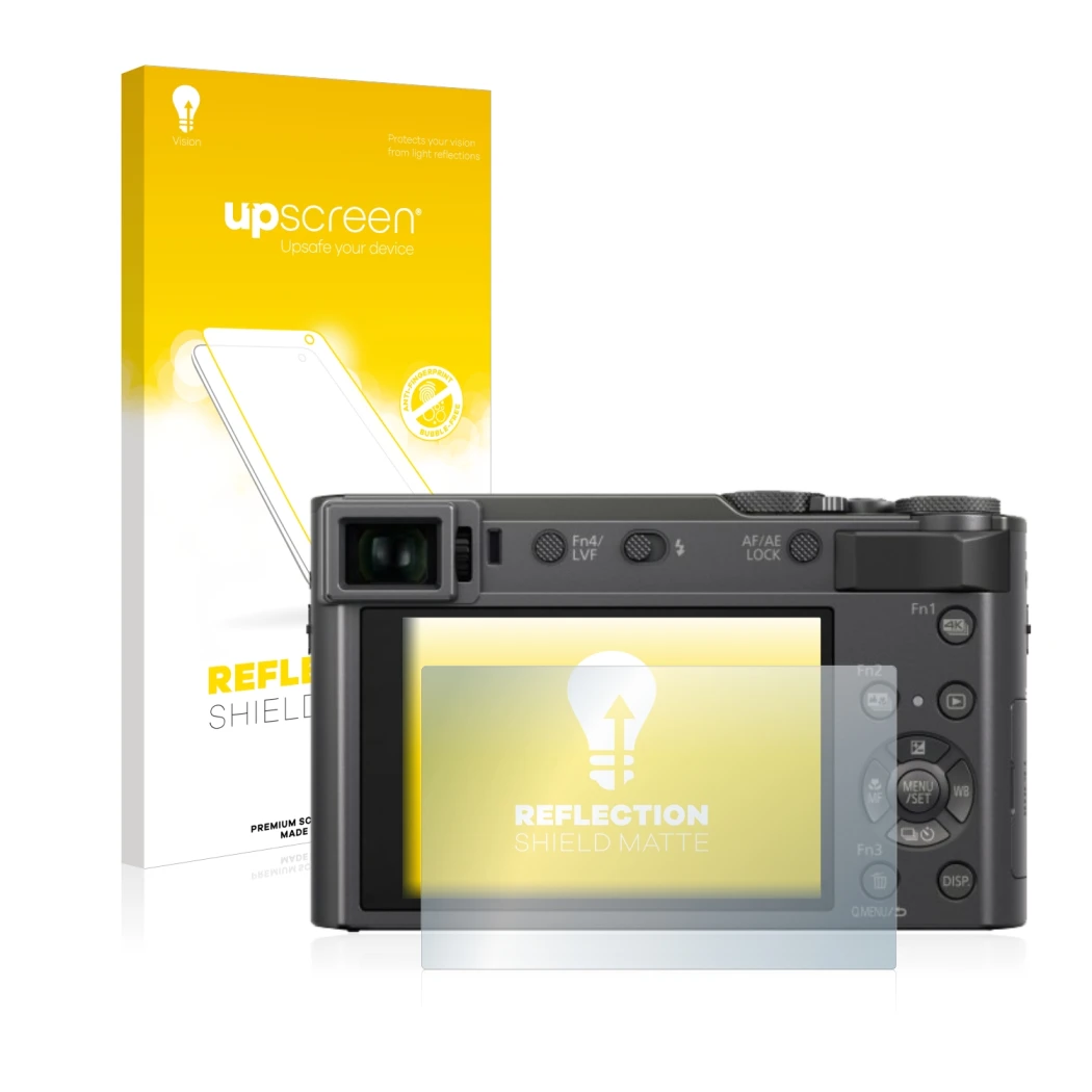 Parte frontal de un envase de producto con el logotipo de la marca upscreen. Al lado se muestra el dispositivo Panasonic Lumix
