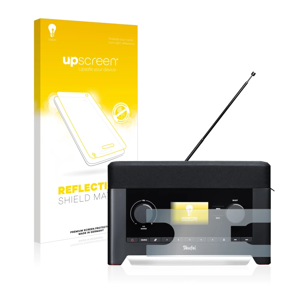 Parte frontal de un envase de producto con el logotipo de la marca upscreen. Al lado se muestra el dispositivo Teufel Radio 3s