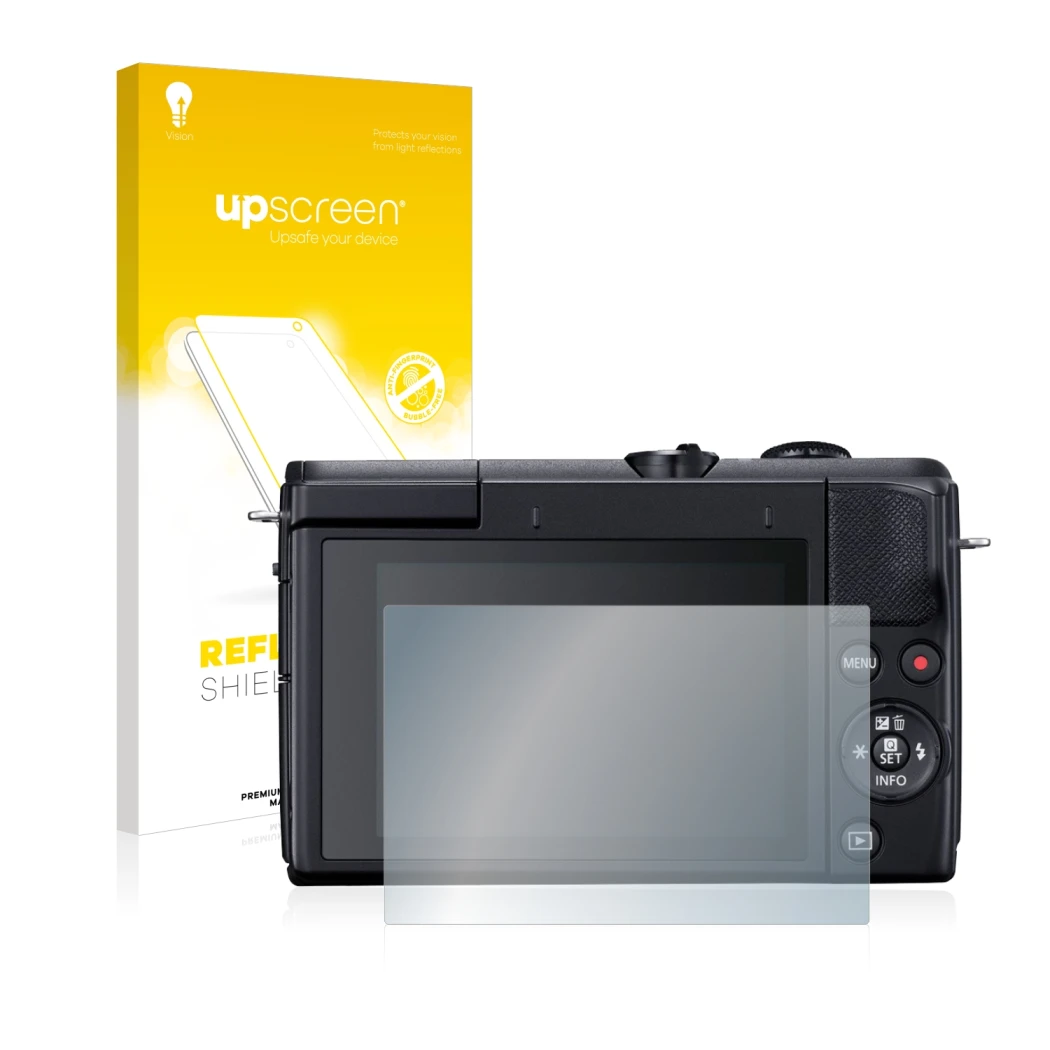 Parte frontal de un envase de producto con el logotipo de la marca upscreen. Al lado se muestra el dispositivo Canon EOS M200