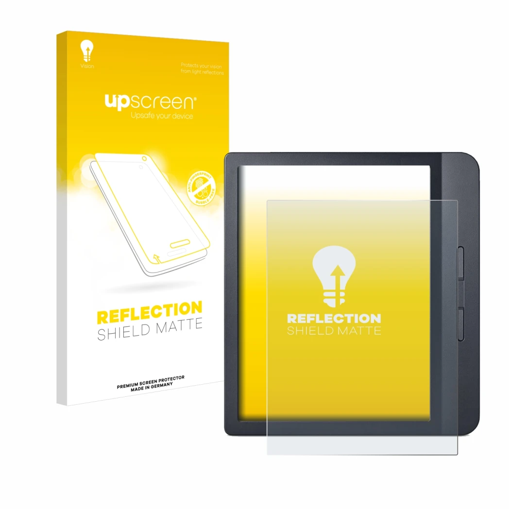 Parte frontal de un envase de producto con el logotipo de la marca upscreen. Al lado se muestra el dispositivo Kobo Libra H2O