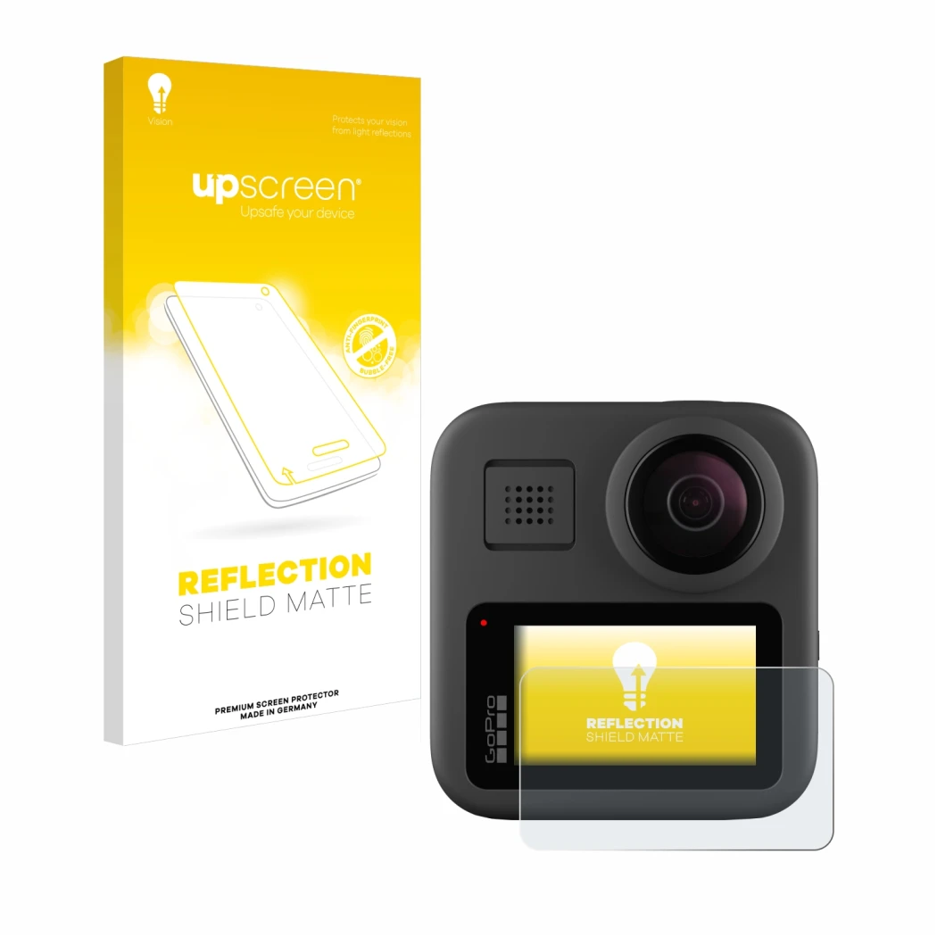 Parte frontal de un envase de producto con el logotipo de la marca upscreen. Al lado se muestra el dispositivo GoPro Max con s