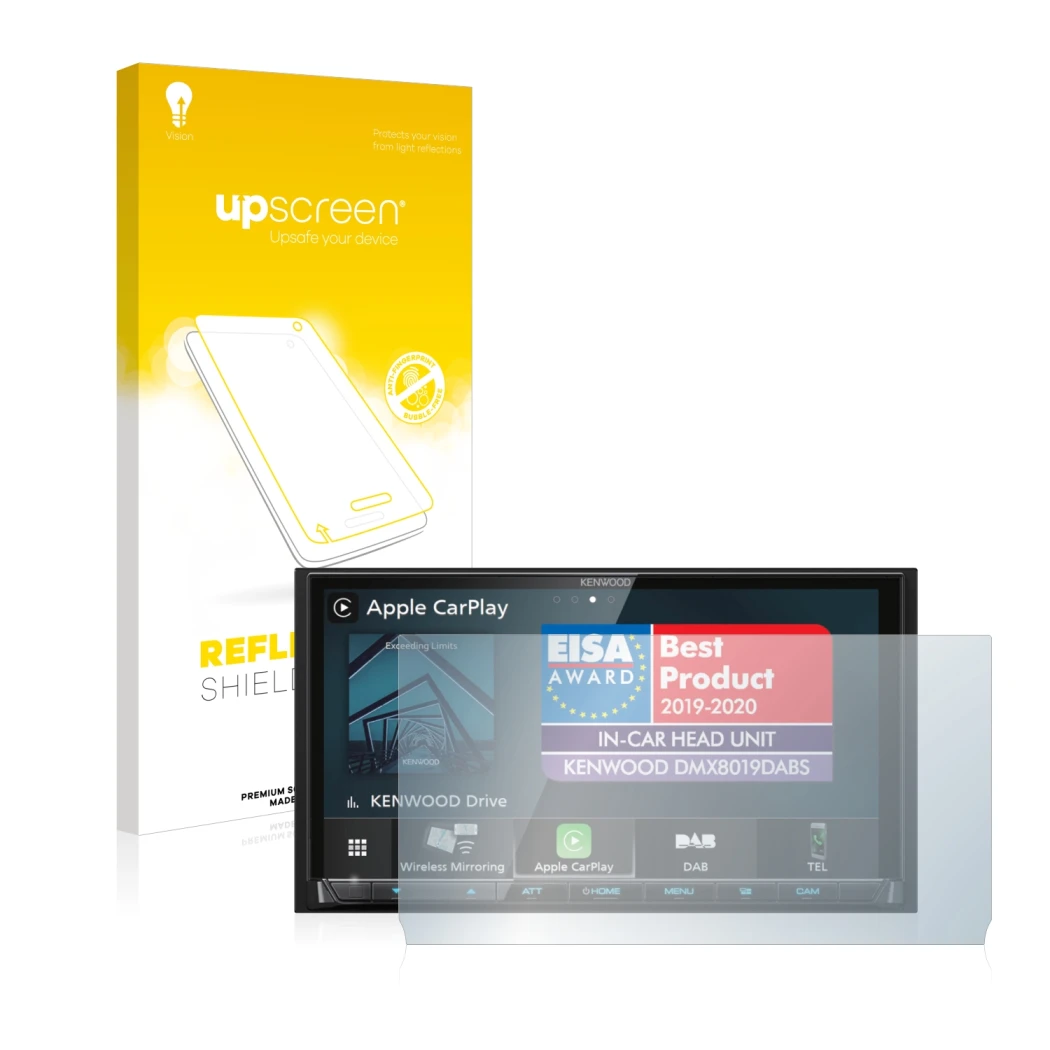 Parte frontal de un envase de producto con el logotipo de la marca upscreen. Al lado se muestra el dispositivo Kenwood DMX8019