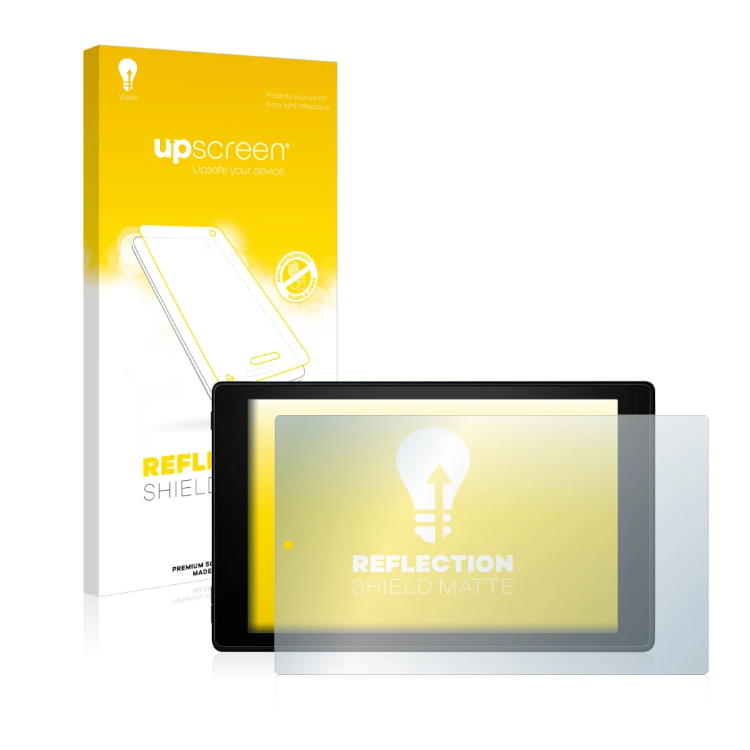 Parte frontal de un envase de producto con el logotipo de la marca upscreen. Al lado se muestra el dispositivo Amazon Fire HD 