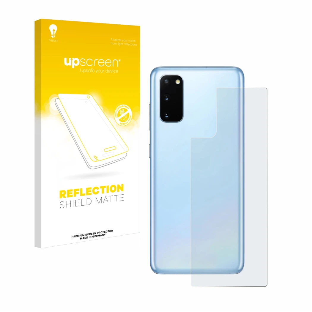 Parte frontal de un envase de producto con el logotipo de la marca upscreen. Al lado se muestra el dispositivo Samsung Galaxy