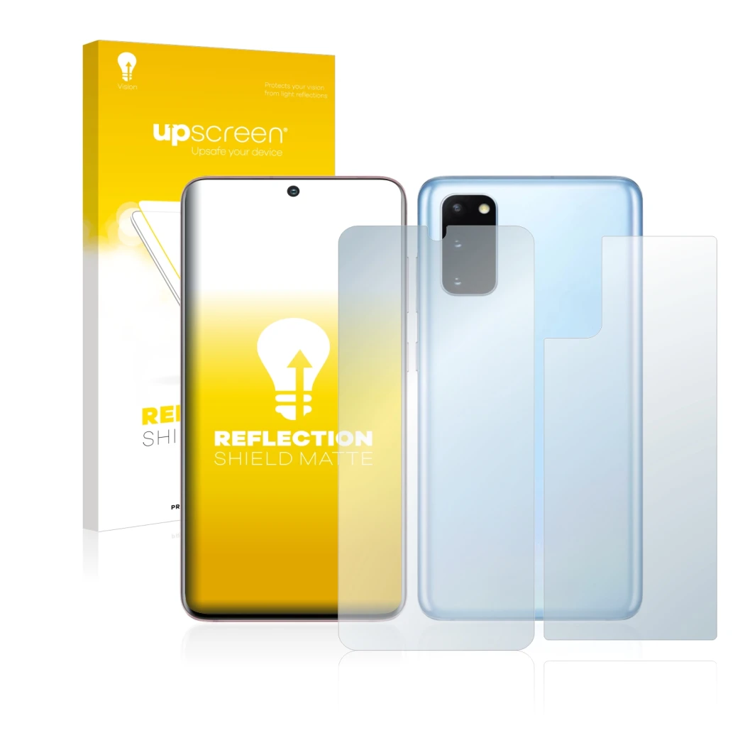 Parte frontal de un envase de producto con el logotipo de la marca upscreen. Al lado se muestra el dispositivo Samsung Galaxy 