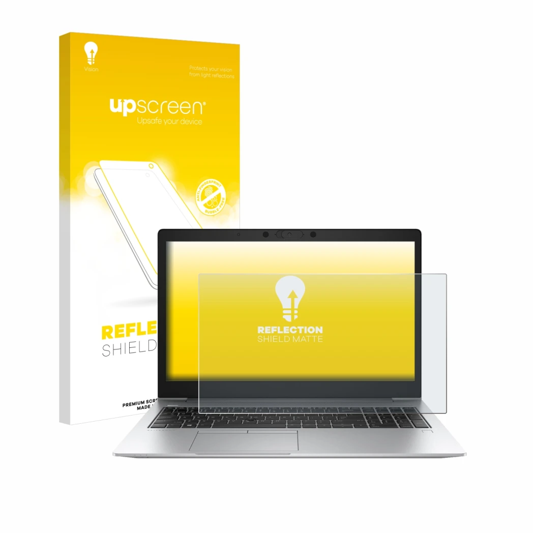 Parte frontal de un envase de producto con el logotipo de la marca upscreen. Al lado se muestra el dispositivo HP EliteBook 85