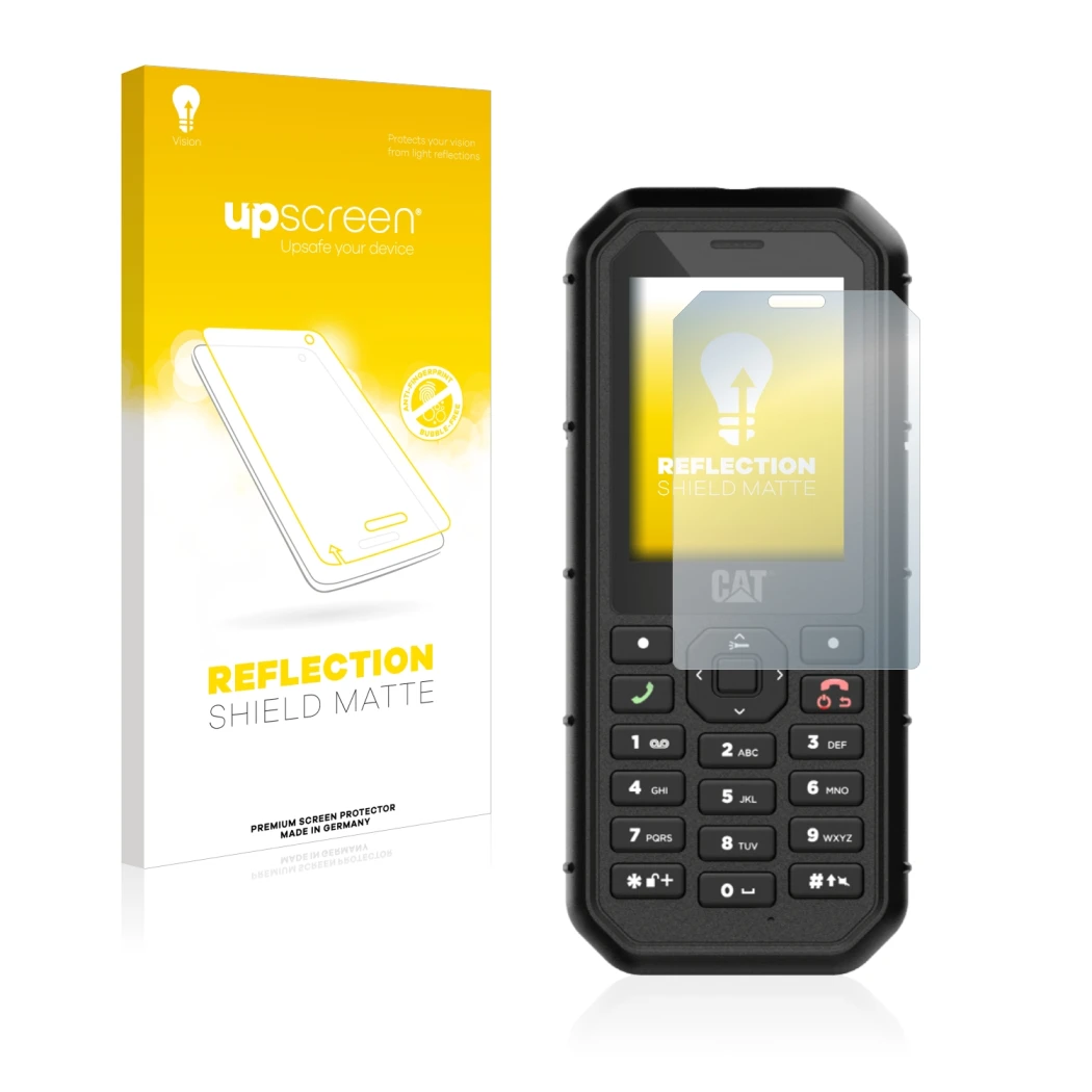 Parte frontal de un envase de producto con el logotipo de la marca upscreen. Al lado se muestra el dispositivo Caterpillar Cat