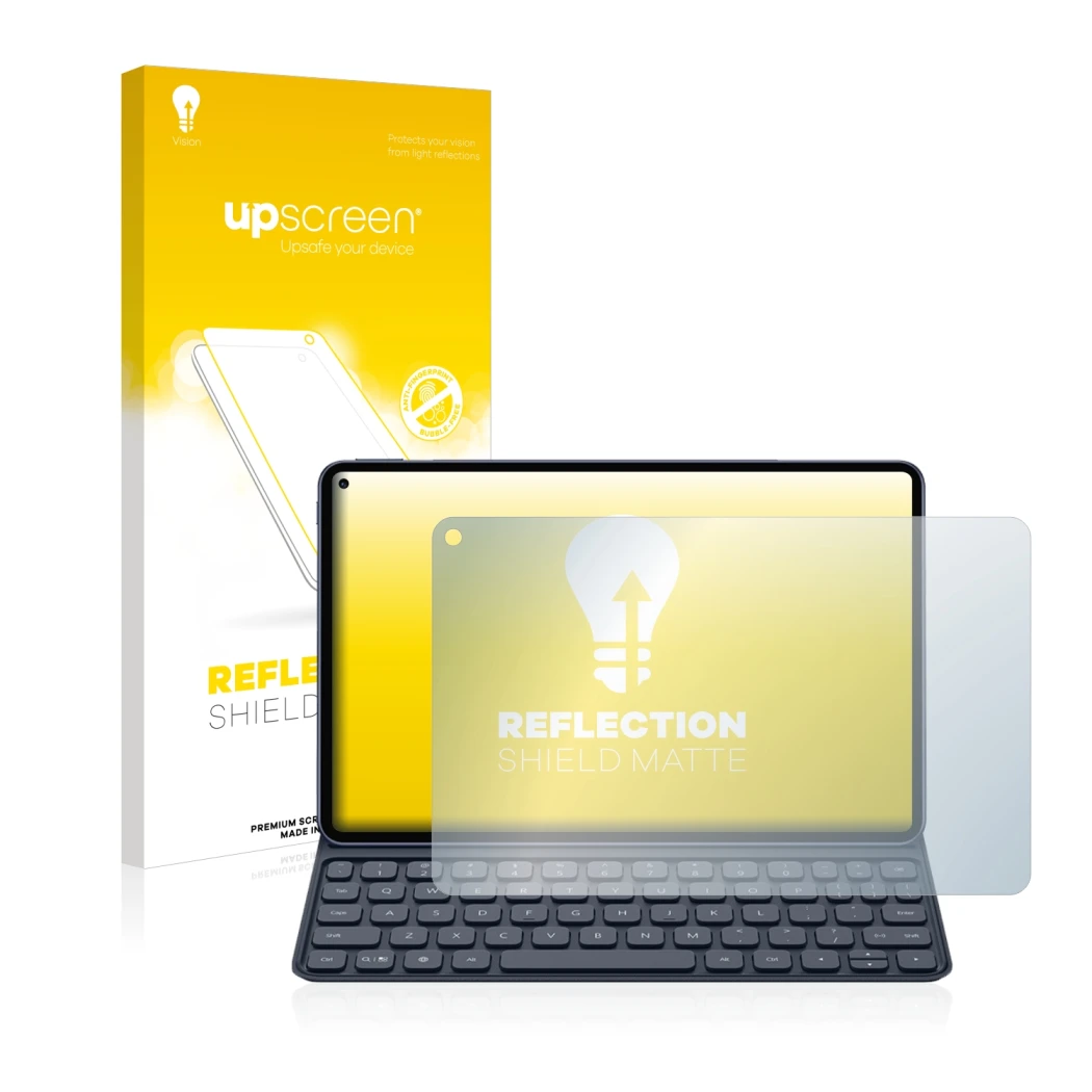 Parte frontal de un envase de producto con el logotipo de la marca upscreen. Al lado se muestra el dispositivo Huawei MatePad