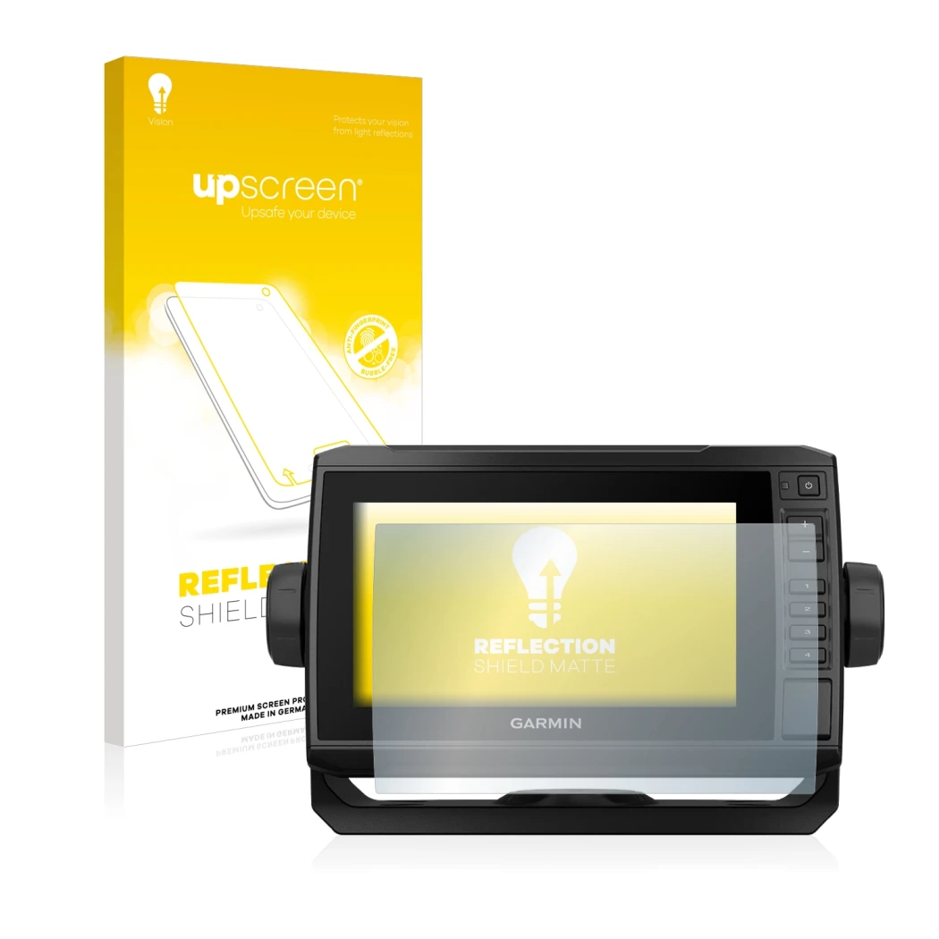 Parte frontal de un envase de producto con el logotipo de la marca upscreen. Al lado se muestra el dispositivo Garmin ECHOMAP
