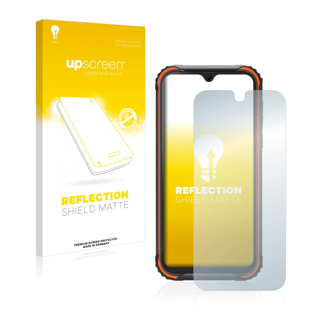 Parte frontal de un envase de producto con el logotipo de la marca upscreen. Al lado se muestra el dispositivo Blackview BV590