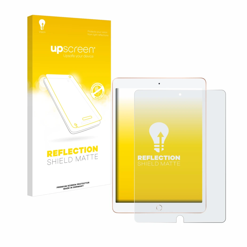 Parte frontal de un envase de producto con el logotipo de la marca upscreen. Al lado se muestra el dispositivo Apple iPad 10.2