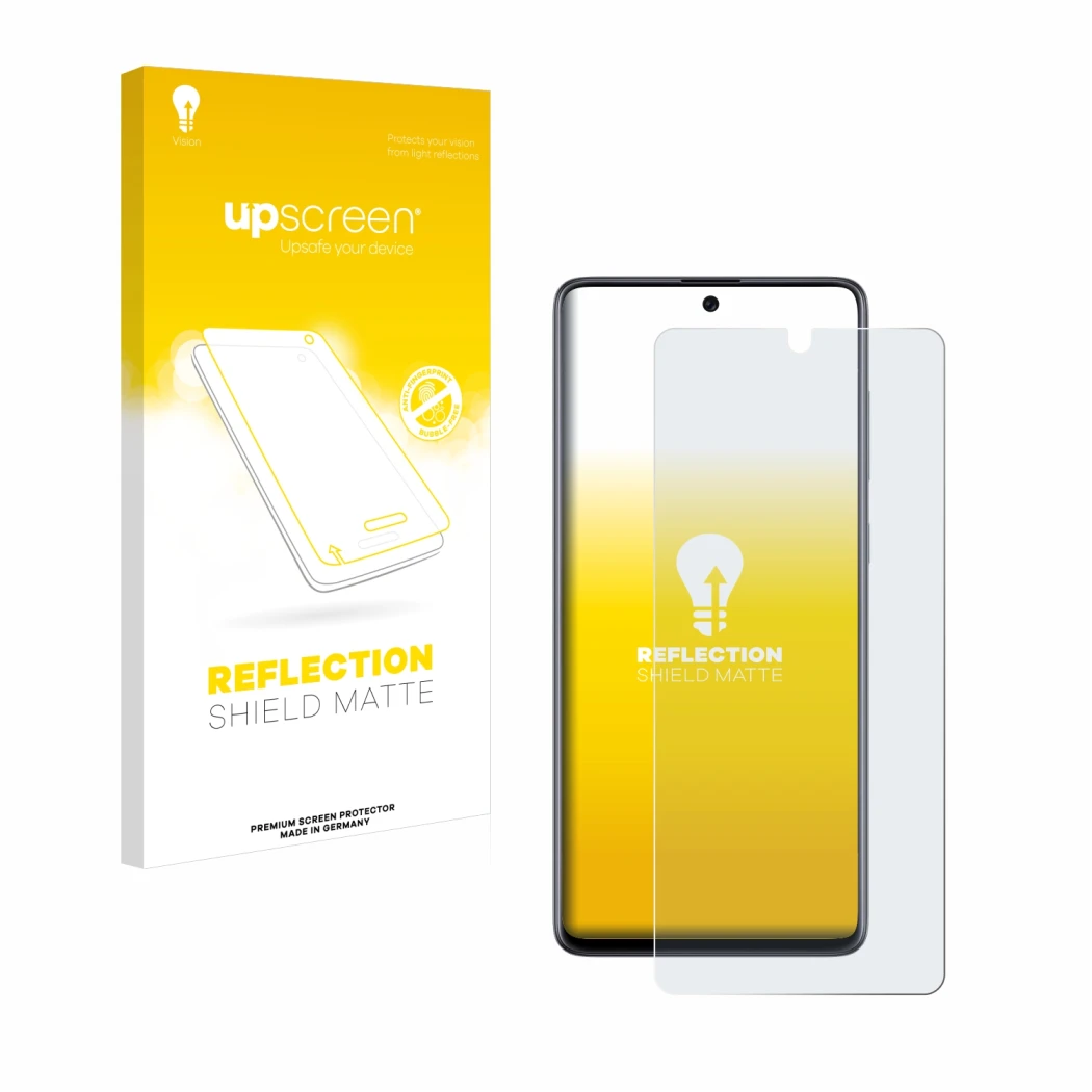 Parte frontal de un envase de producto con el logotipo de la marca upscreen. Al lado se muestra el dispositivo Samsung Galaxy