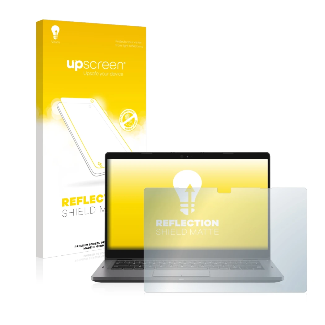 Parte frontal de un envase de producto con el logotipo de la marca upscreen. Al lado se muestra el dispositivo Dell Latitude 5