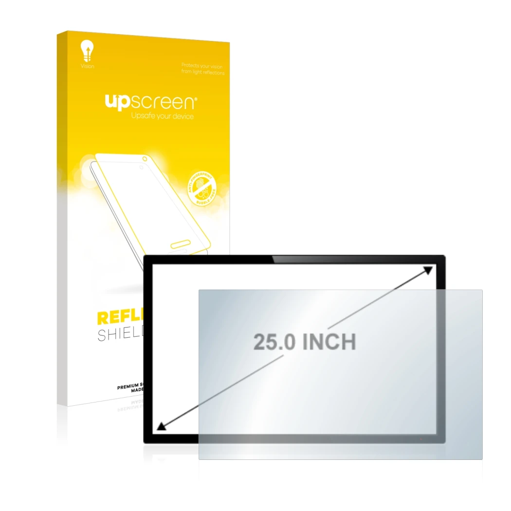 Parte frontal de un envase de producto con el logotipo de la marca upscreen. Al lado se muestra el dispositivo con su protecto