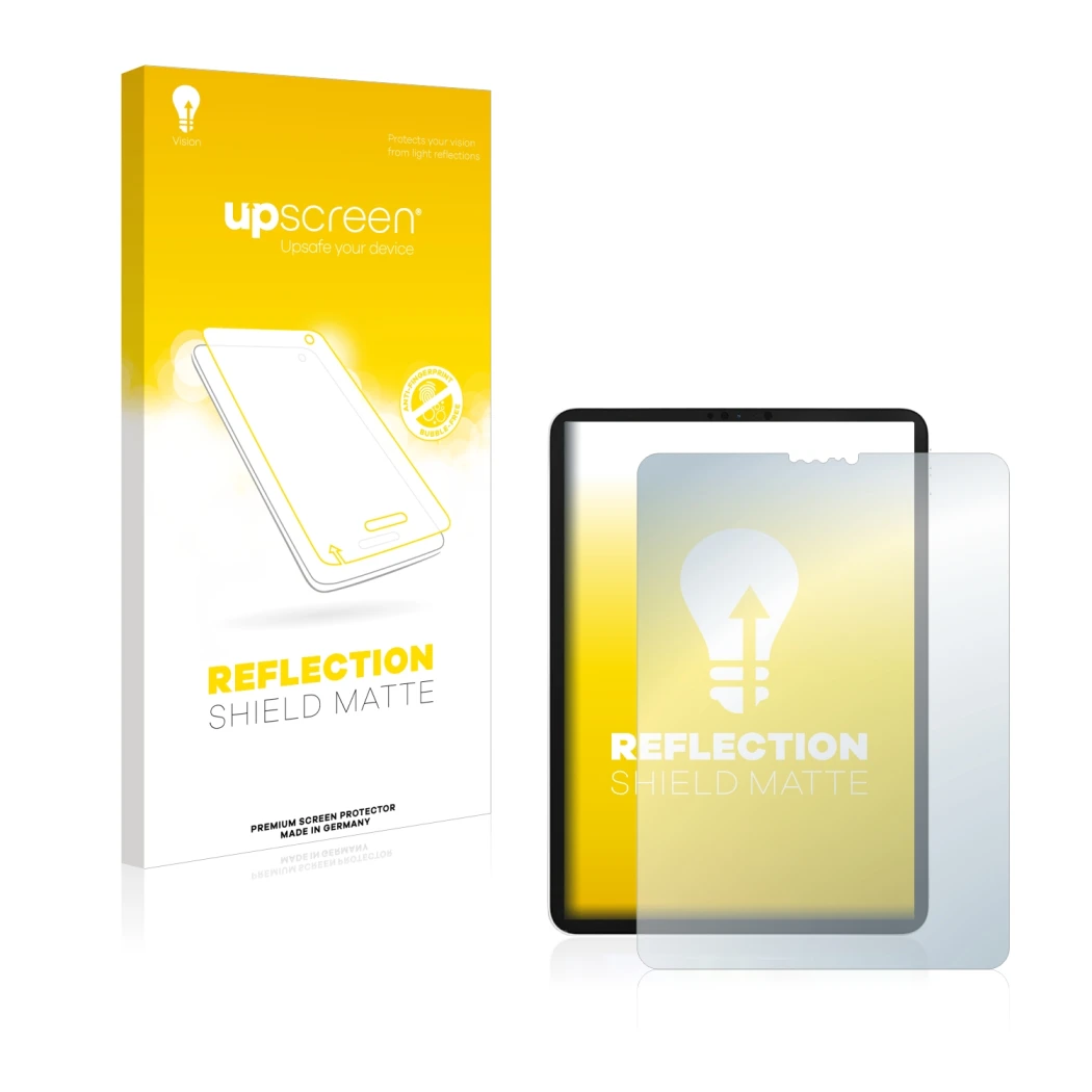 Parte frontal de un envase de producto con el logotipo de la marca upscreen. Al lado se muestra el dispositivo Apple iPad Pro 