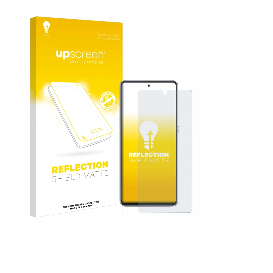 Parte frontal de un envase de producto con el logotipo de la marca upscreen. Al lado se muestra el dispositivo Samsung Galaxy