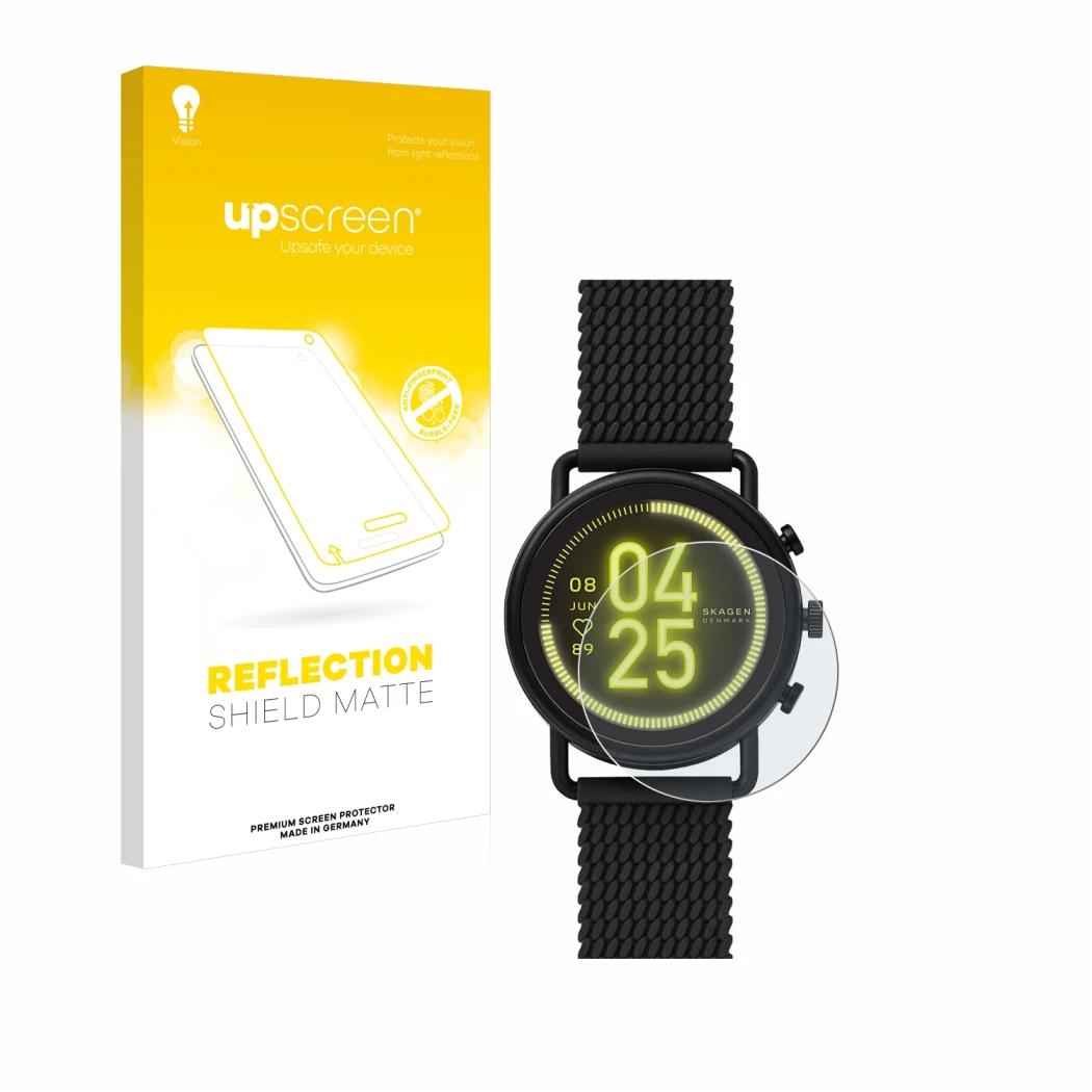 Parte frontal de un envase de producto con el logotipo de la marca upscreen. Al lado se muestra el dispositivo Skagen Smartwat