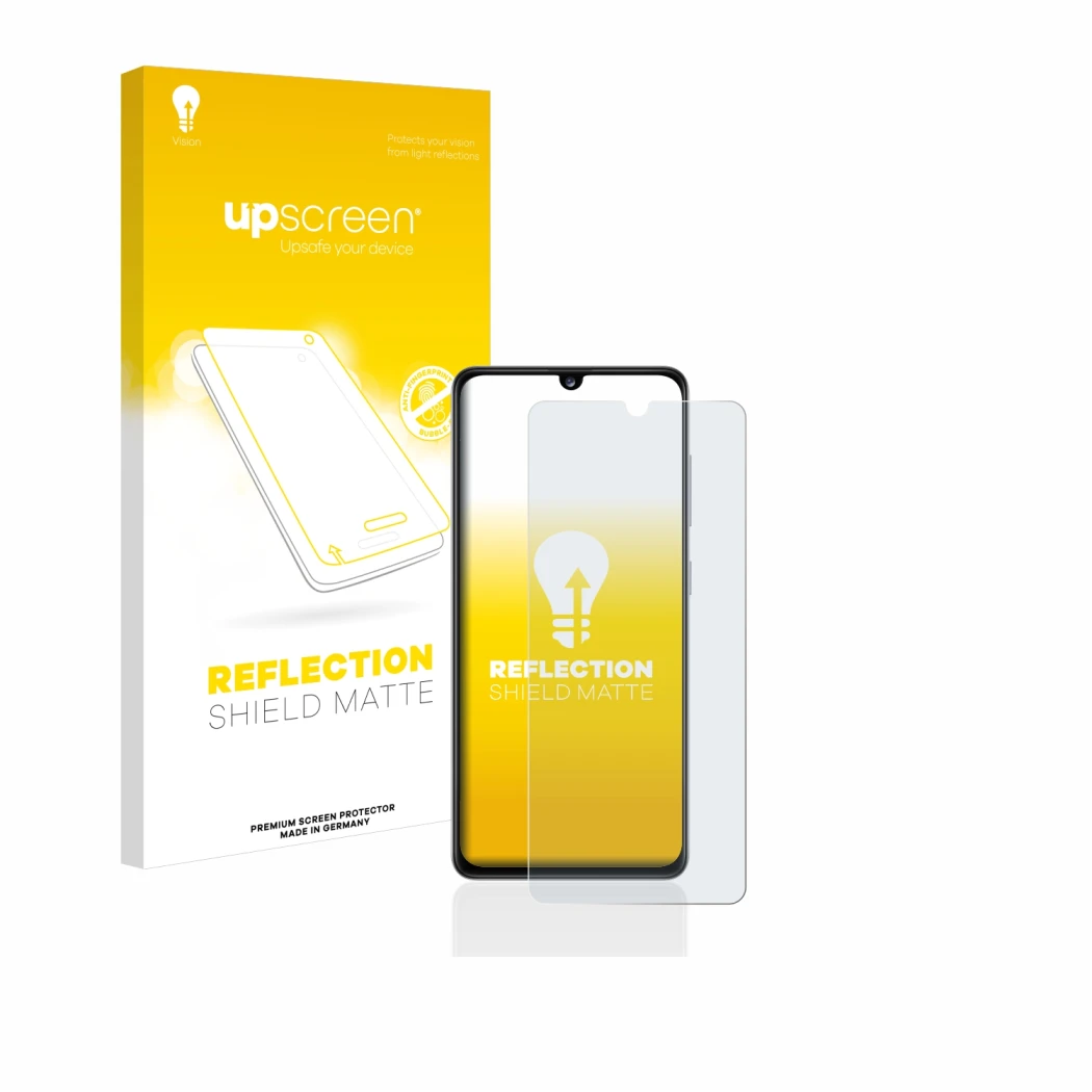 Parte frontal de un envase de producto con el logotipo de la marca upscreen. Al lado se muestra el dispositivo Samsung Galaxy 