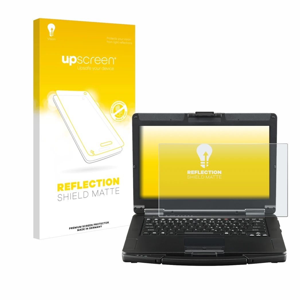 Parte frontal de un envase de producto con el logotipo de la marca upscreen. Al lado se muestra el dispositivo Panasonic Tough