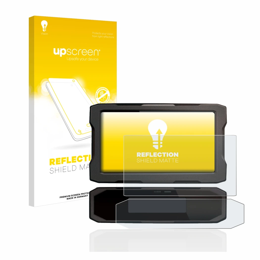 Parte frontal de un envase de producto con el logotipo de la marca upscreen. Al lado se muestra el dispositivo Honda CRF1100L 