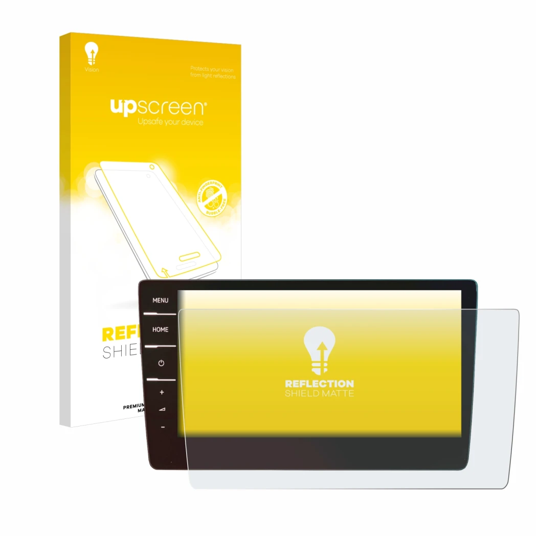 Parte frontal de un envase de producto con el logotipo de la marca upscreen. Al lado se muestra el dispositivo Volkswagen Tour