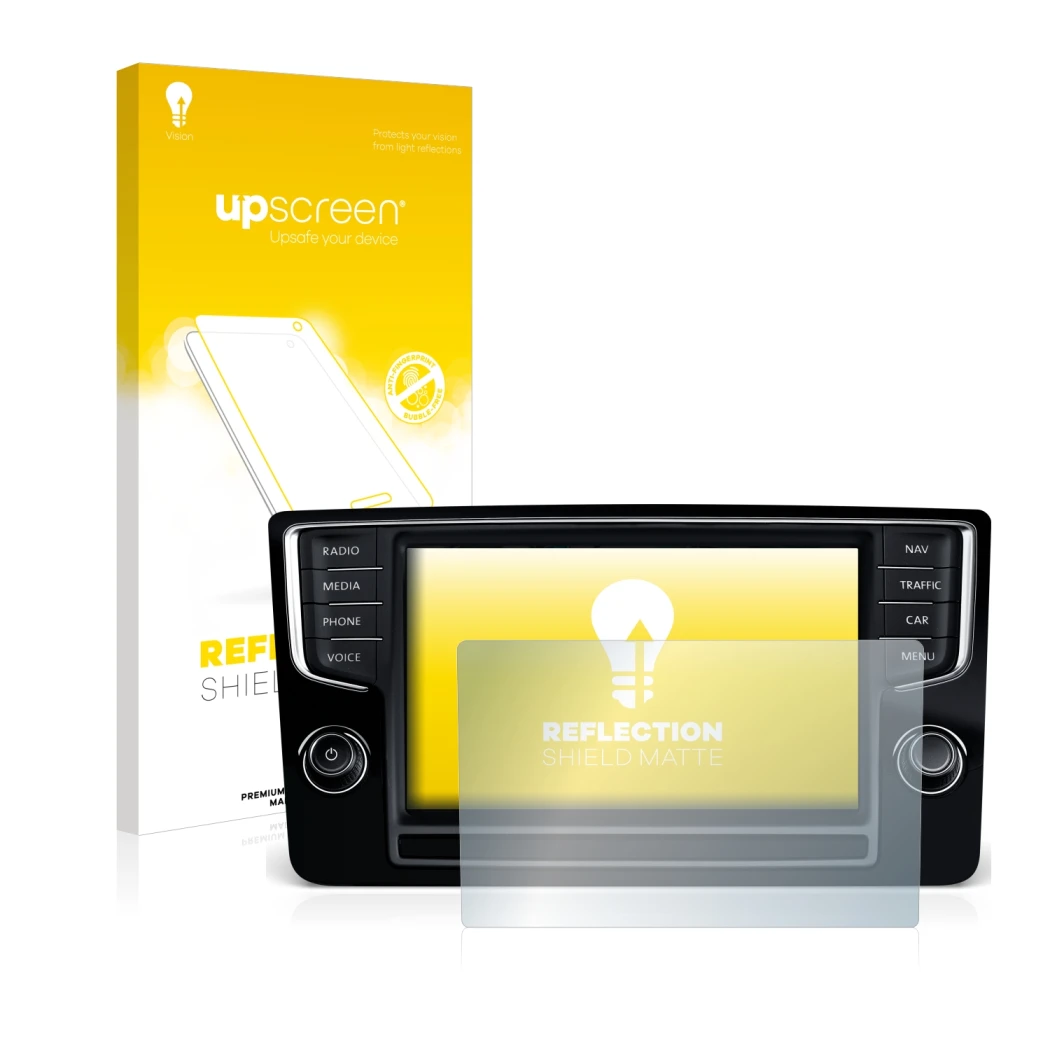 Parte frontal de un envase de producto con el logotipo de la marca upscreen. Al lado se muestra el dispositivo Volkswagen Golf