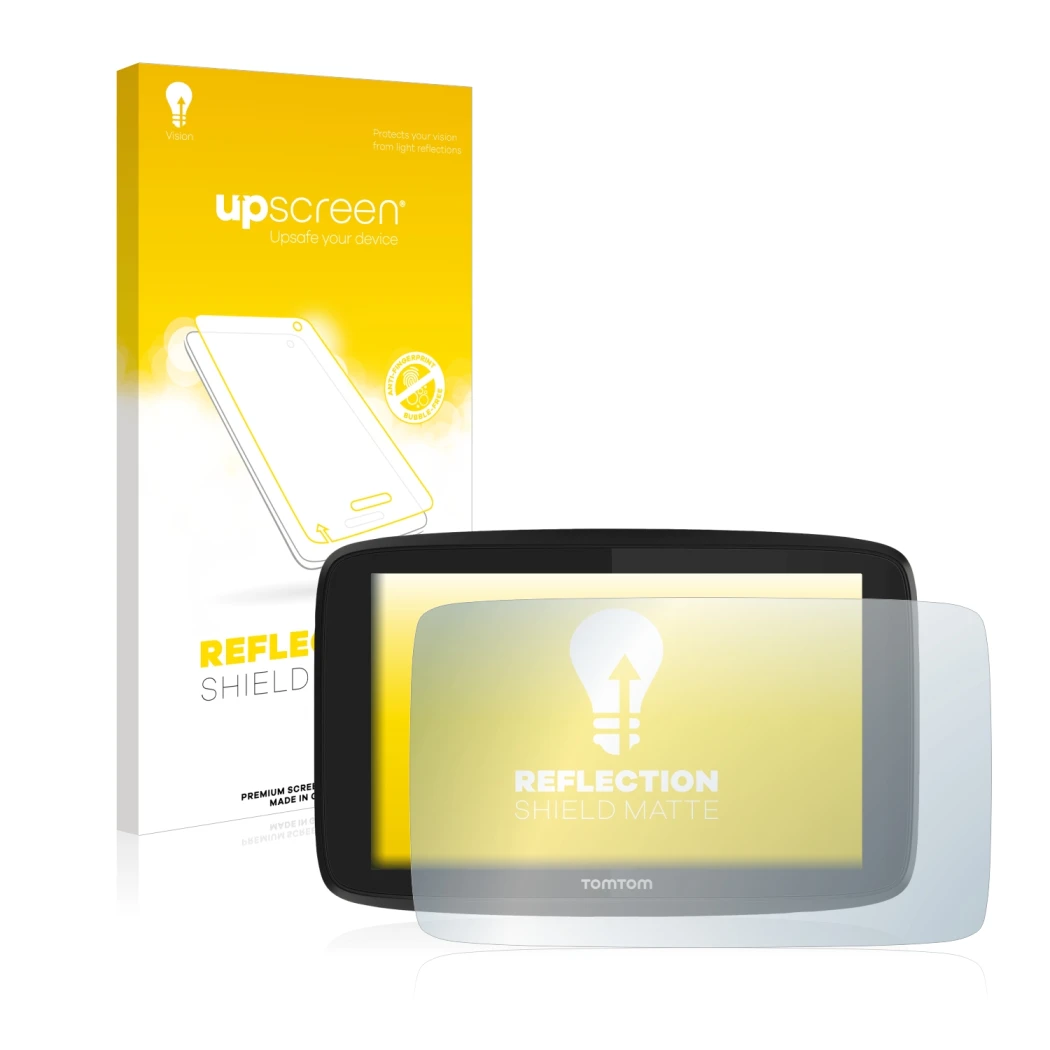 Parte frontal de un envase de producto con el logotipo de la marca upscreen. Al lado se muestra el dispositivo TomTom Go Profe