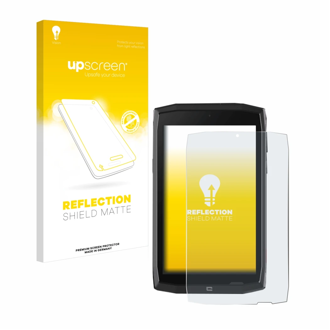 Parte frontal de un envase de producto con el logotipo de la marca upscreen. Al lado se muestra el dispositivo Crosscall Core