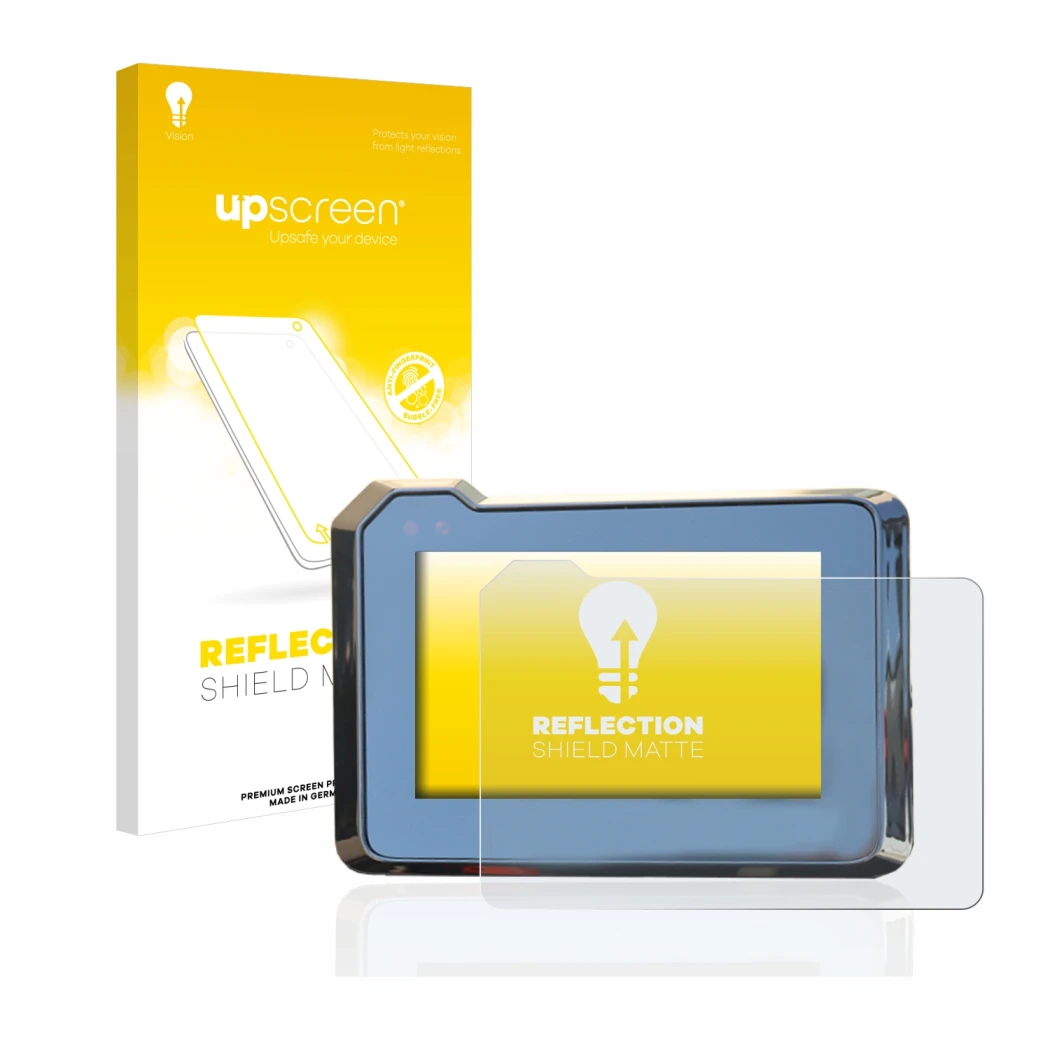 Parte frontal de un envase de producto con el logotipo de la marca upscreen. Al lado se muestra el dispositivo KTM 1290 Super 