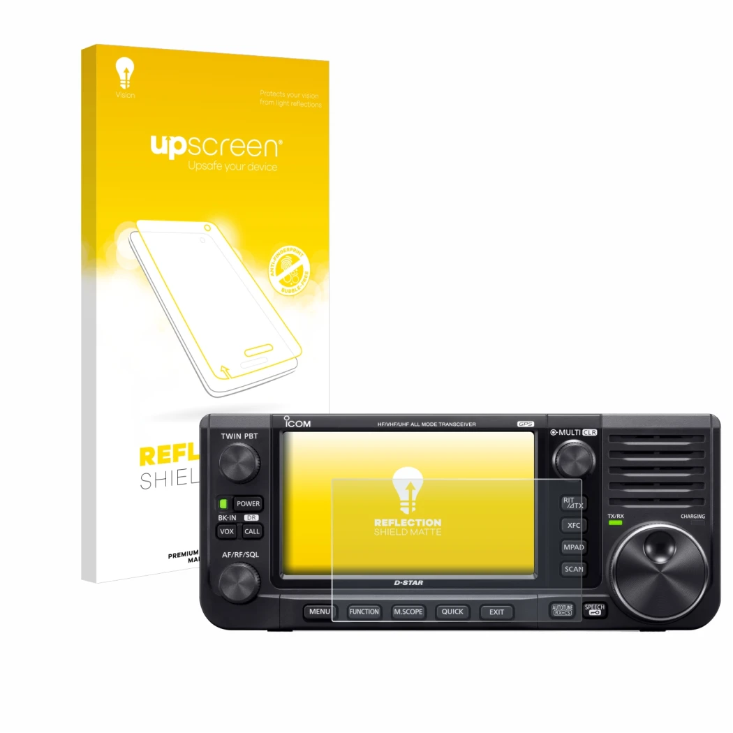 Parte frontal de un envase de producto con el logotipo de la marca upscreen. Al lado se muestra el dispositivo Icom IC-705 con