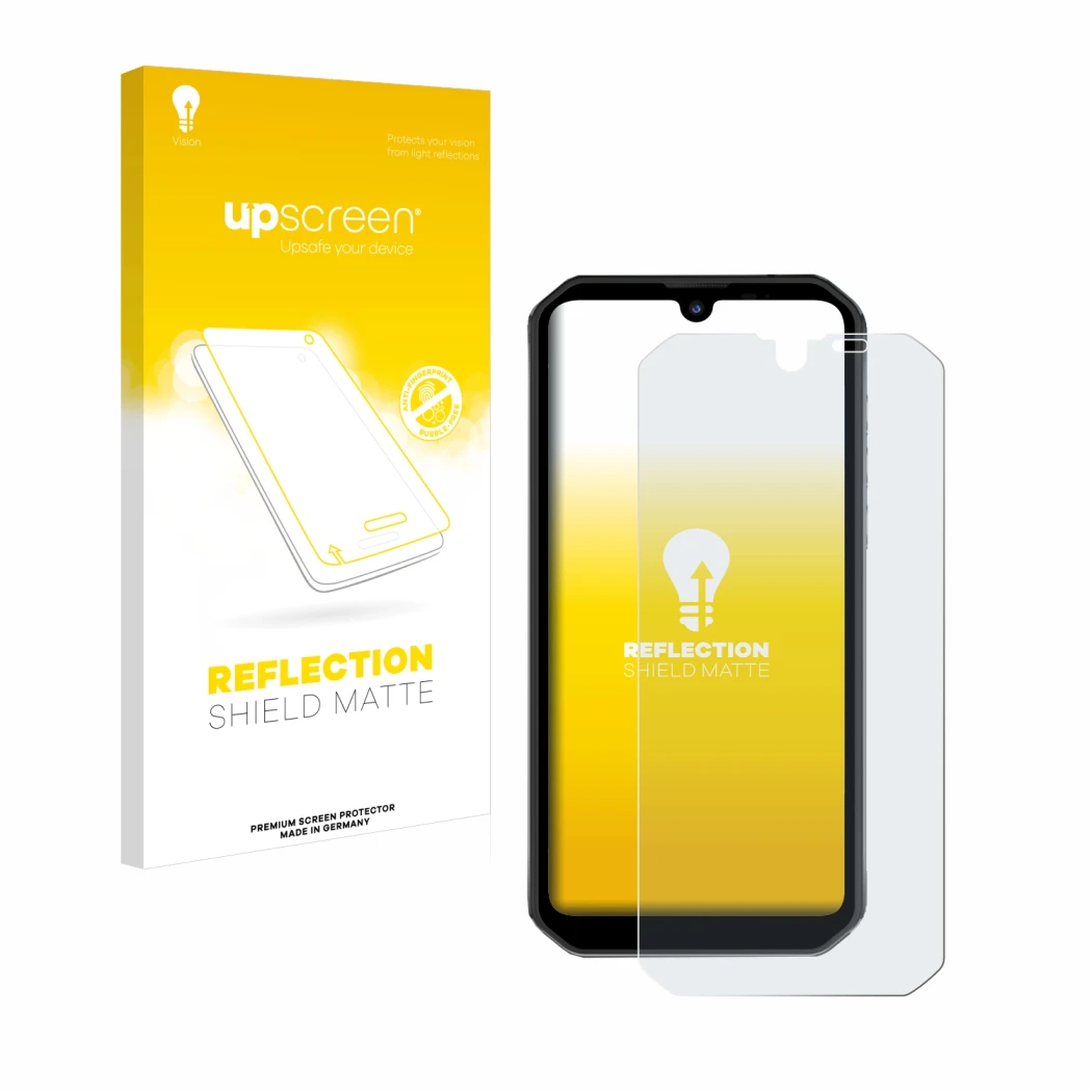 Parte frontal de un envase de producto con el logotipo de la marca upscreen. Al lado se muestra el dispositivo Blackview BV990