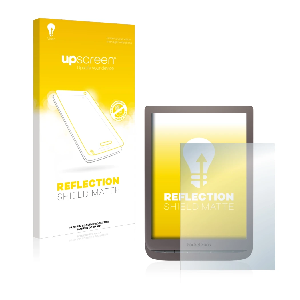 Parte frontal de un envase de producto con el logotipo de la marca upscreen. Al lado se muestra el dispositivo PocketBook InkP