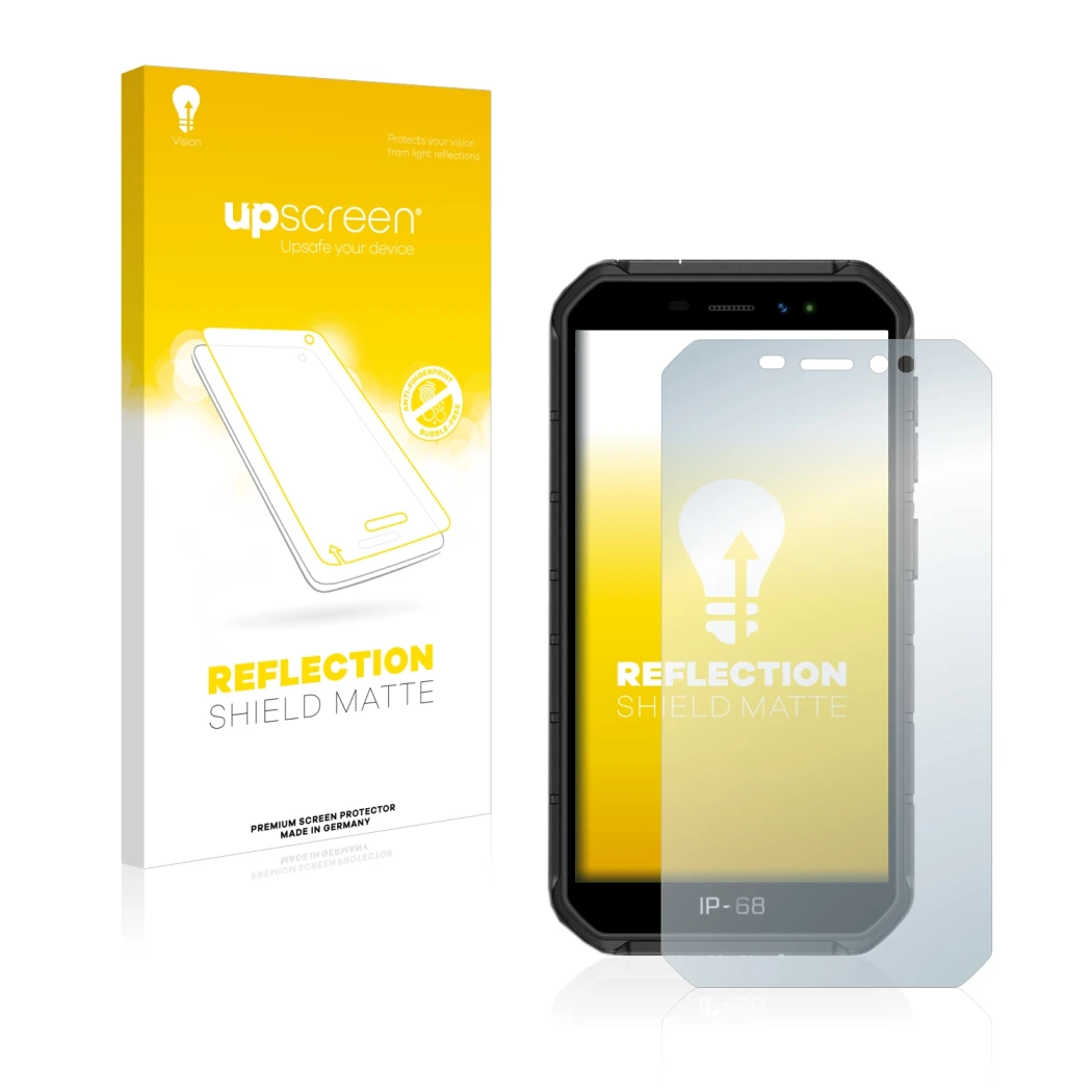 Parte frontal de un envase de producto con el logotipo de la marca upscreen. Al lado se muestra el dispositivo Ulefone Armor X