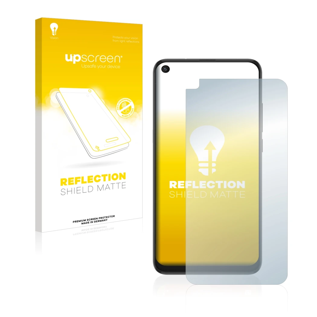 Parte frontal de un envase de producto con el logotipo de la marca upscreen. Al lado se muestra el dispositivo TCL 10L con su