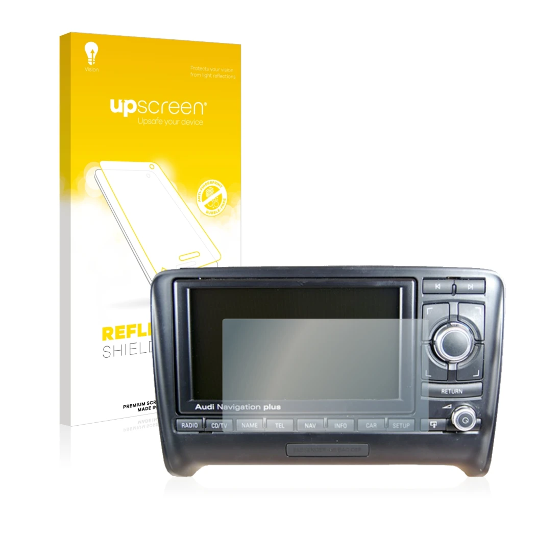Parte frontal de un envase de producto con el logotipo de la marca upscreen. Al lado se muestra el dispositivo Audi A3 8P 2004