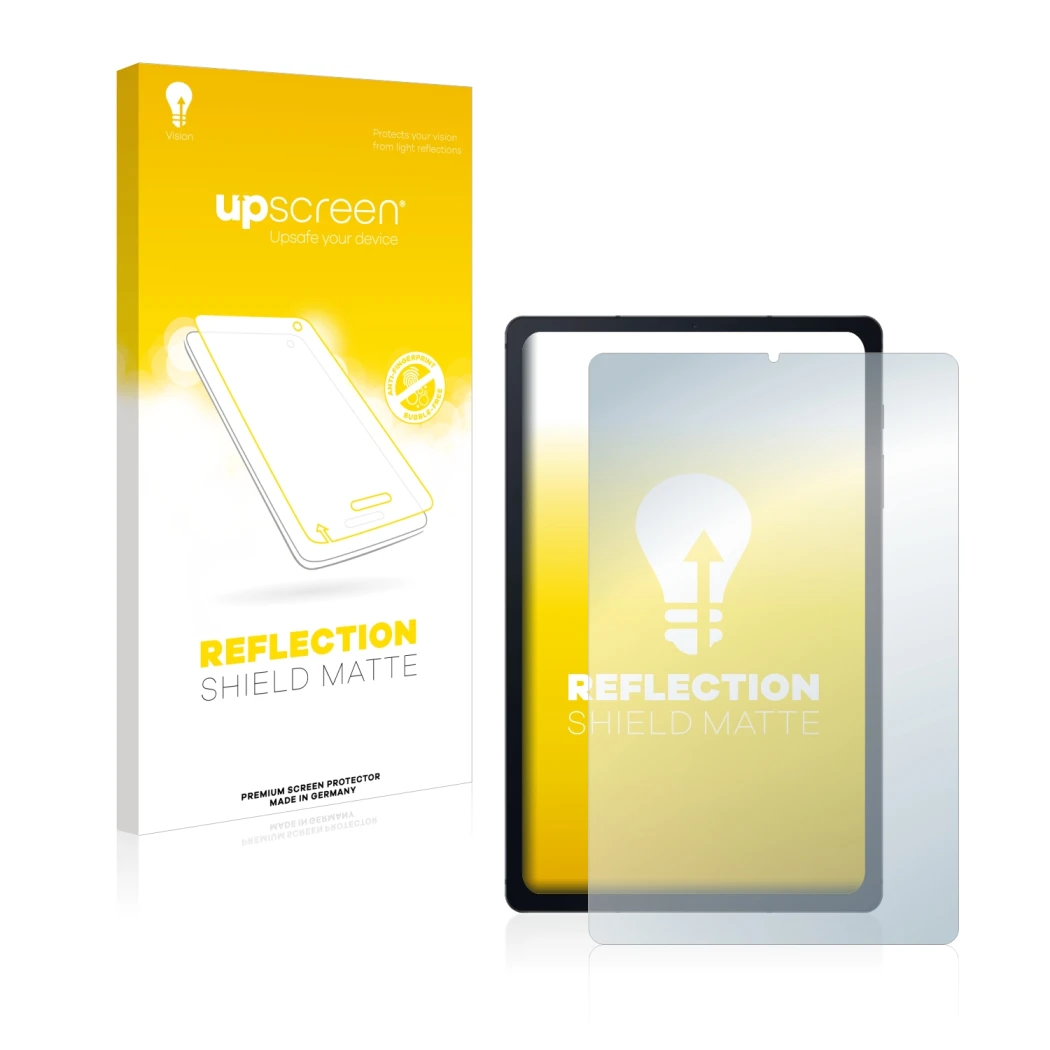 Parte frontal de un envase de producto con el logotipo de la marca upscreen. Al lado se muestra el dispositivo Samsung Galaxy