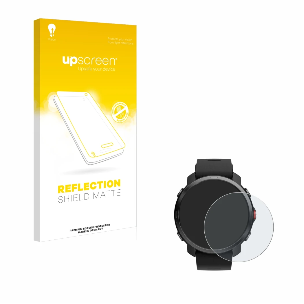 Parte frontal de un envase de producto con el logotipo de la marca upscreen. Al lado se muestra el dispositivo Polar Grit X co