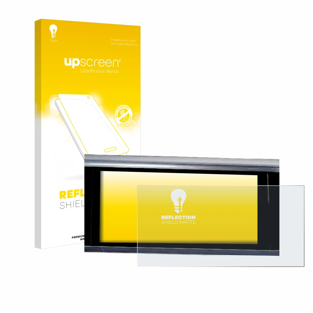 Parte frontal de un envase de producto con el logotipo de la marca upscreen. Al lado se muestra el dispositivo Audi A6 2018 MM