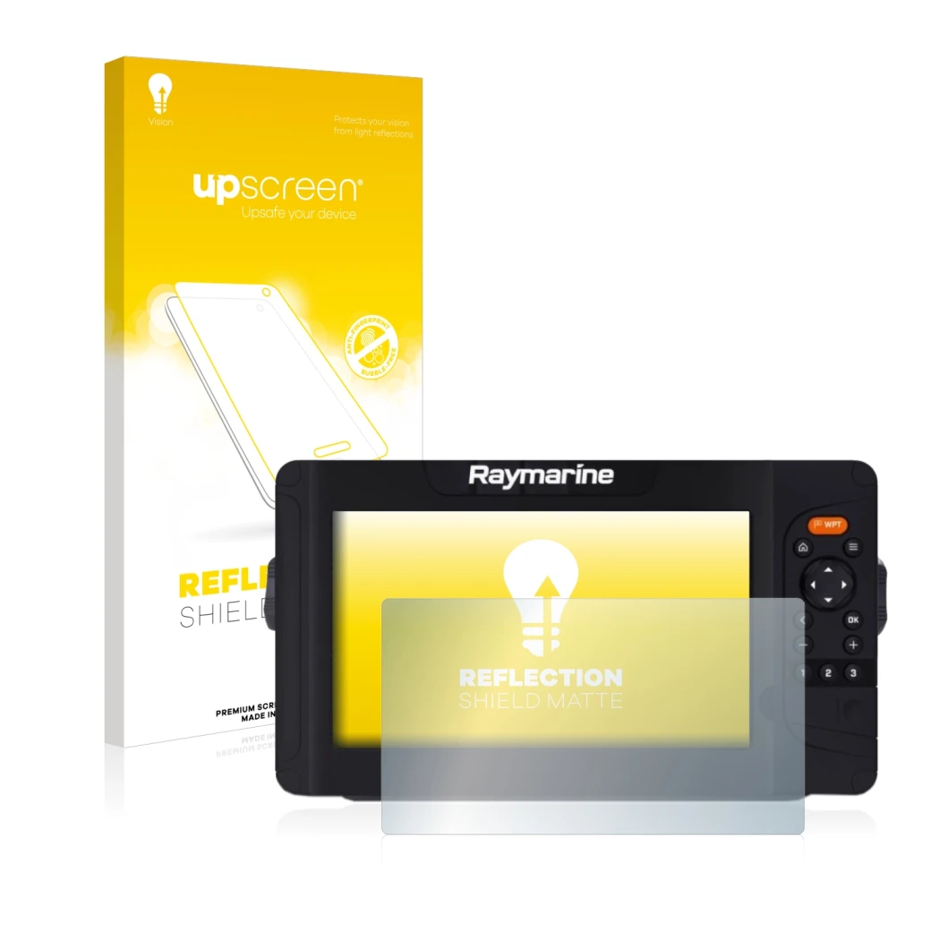 Parte frontal de un envase de producto con el logotipo de la marca upscreen. Al lado se muestra el dispositivo Raymarine Eleme