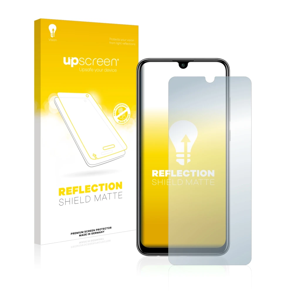 Parte frontal de un envase de producto con el logotipo de la marca upscreen. Al lado se muestra el dispositivo Huawei P smart 