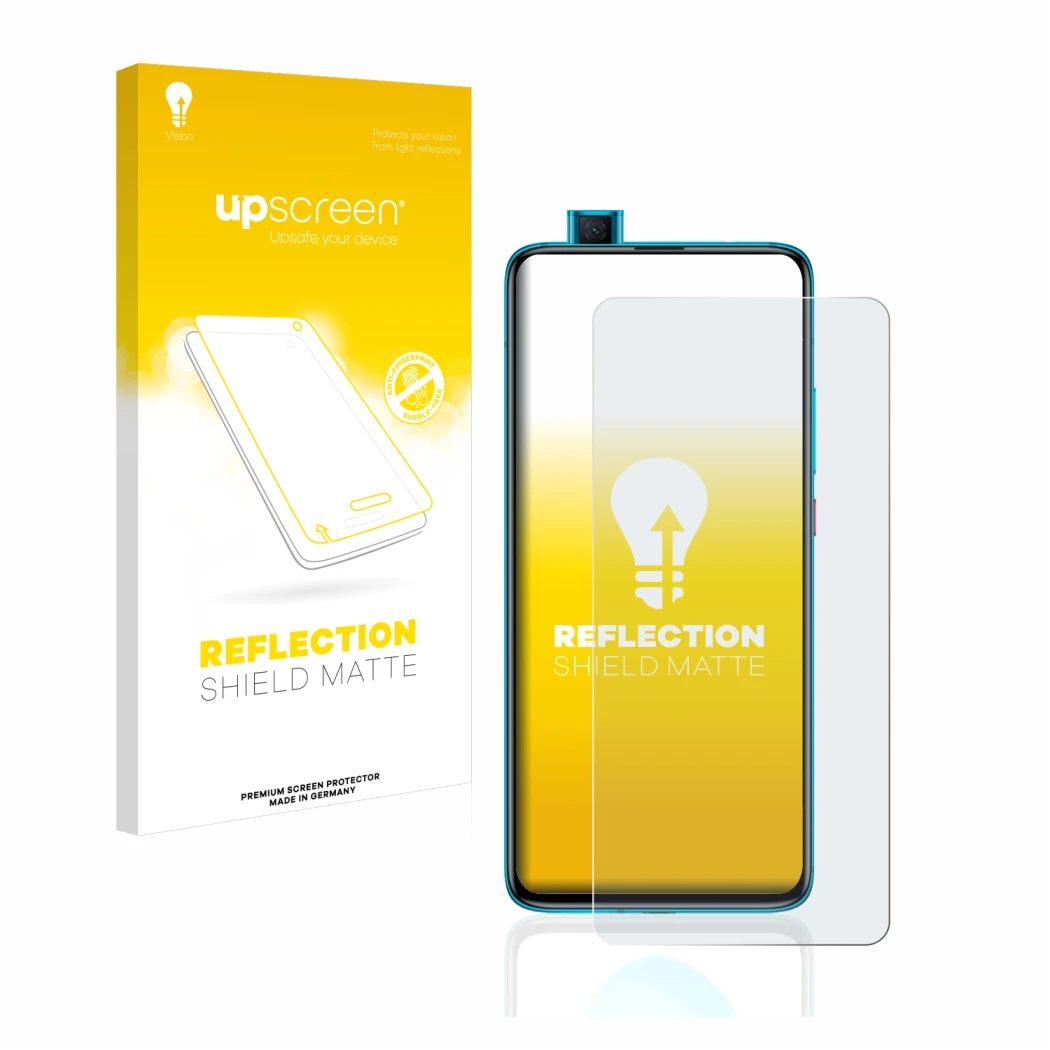Parte frontal de un envase de producto con el logotipo de la marca upscreen. Al lado se muestra el dispositivo Xiaomi Poco F2