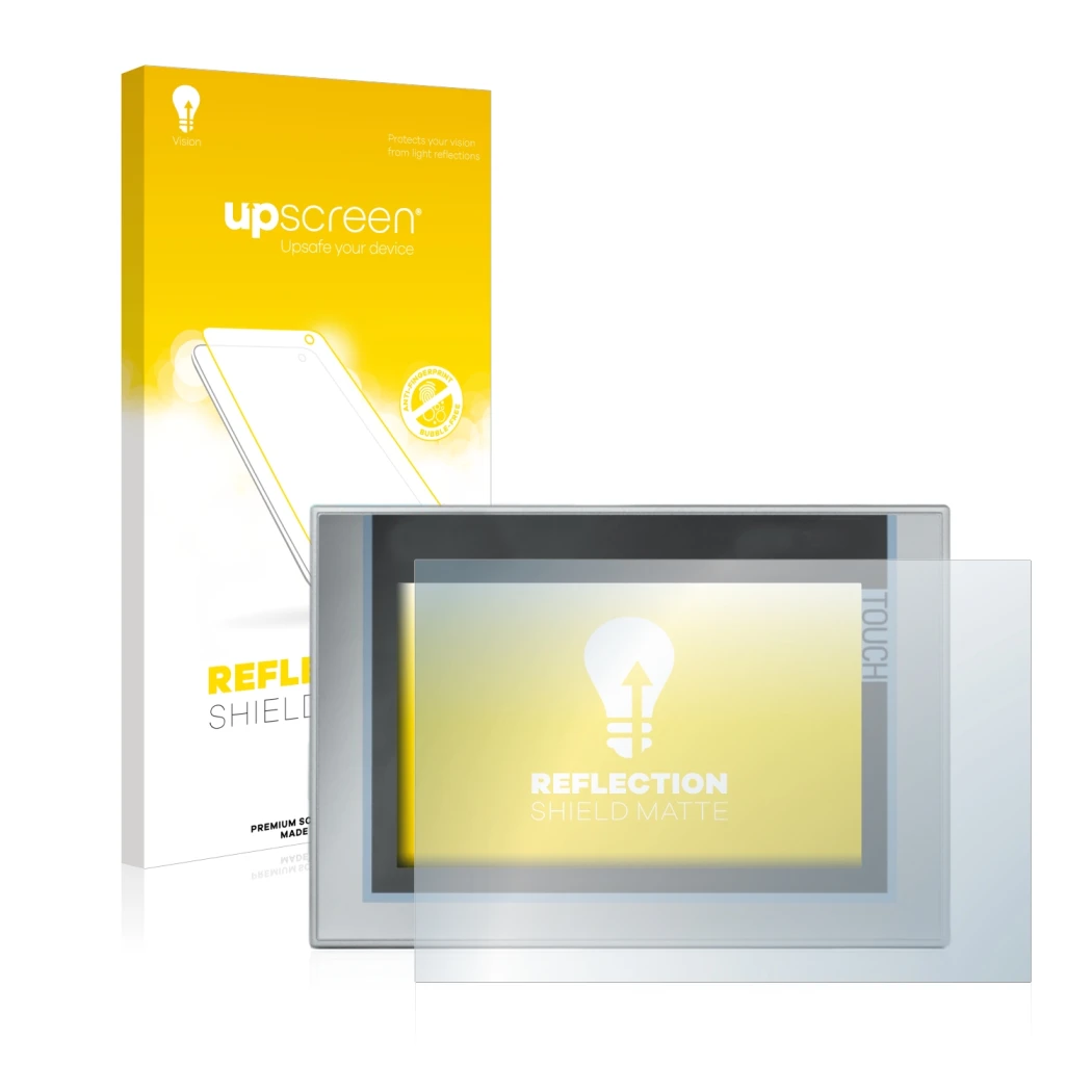 Parte frontal de un envase de producto con el logotipo de la marca upscreen. Al lado se muestra el dispositivo Siemens Simatic