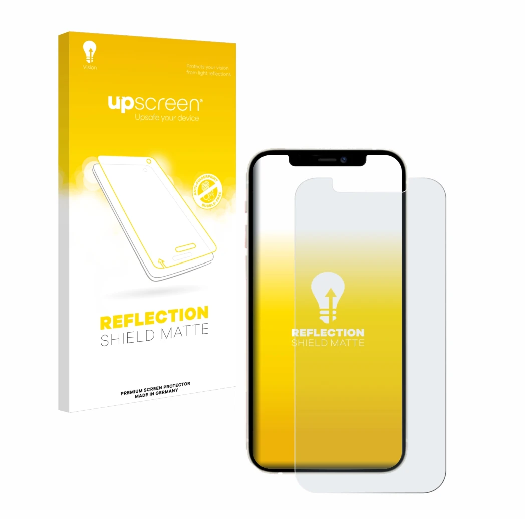 Parte frontal de un envase de producto con el logotipo de la marca upscreen. Al lado se muestra el dispositivo Apple iPhone 12