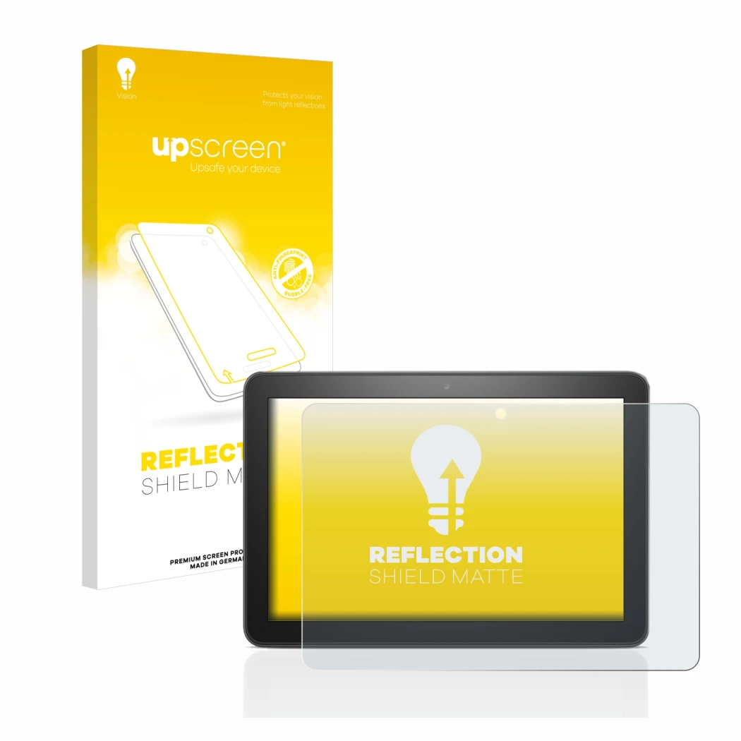Parte frontal de un envase de producto con el logotipo de la marca upscreen. Al lado se muestra el dispositivo Amazon Fire HD