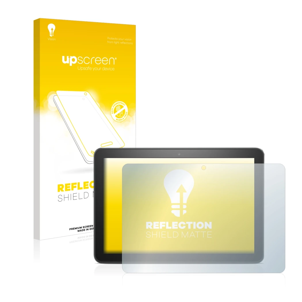 Parte frontal de un envase de producto con el logotipo de la marca upscreen. Al lado se muestra el dispositivo Amazon Fire HD 