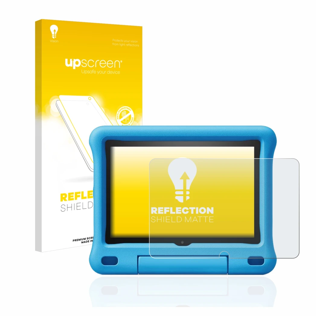 Parte frontal de un envase de producto con el logotipo de la marca upscreen. Al lado se muestra el dispositivo Amazon Fire HD